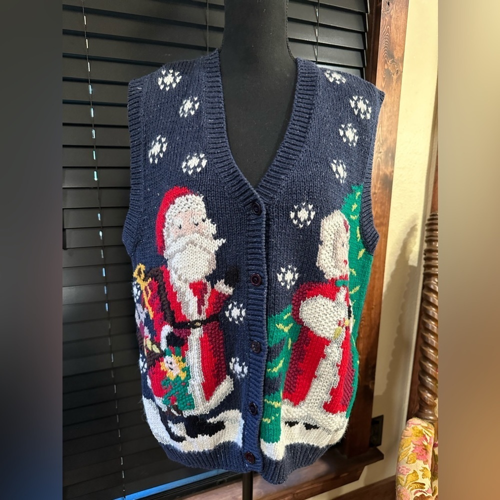 Vintage Signature By Northern Isles Navy Christmas Santa Vest HandKnit Ladies L